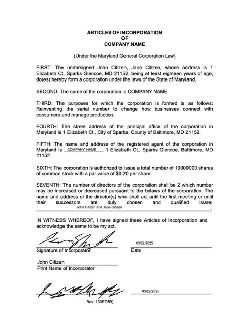 USA Maryland articles of incorporation Word and PDF template